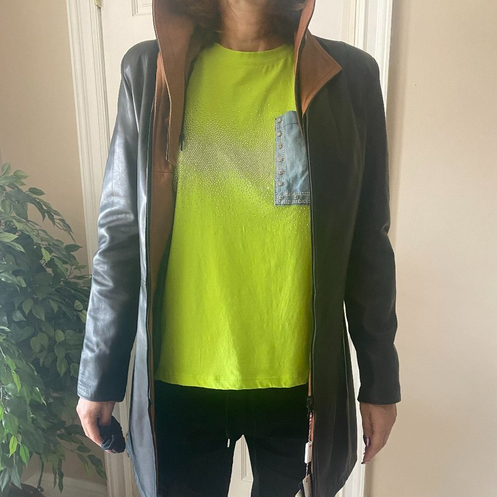 Vera Pelle 100% Genuine Leather Two Tone Black Women Coat Made in Italy NWT